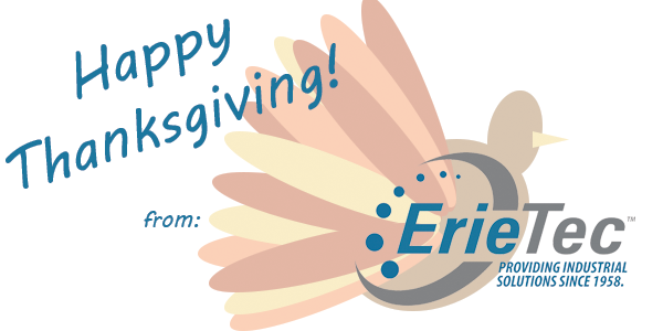 thanksgiving themed erietec logo with turkey in the background happy thanksgiving from erietec!