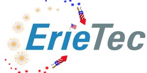 festive ErieTec logo in which the name ErieTec is surrounded by fireworks and the letter i is dotted with an american flag.